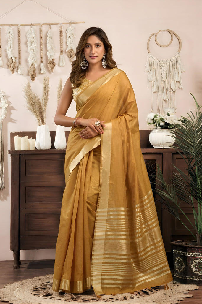 Elegant Mustard Gold Silk Saree with Zari Border | Designer Saree