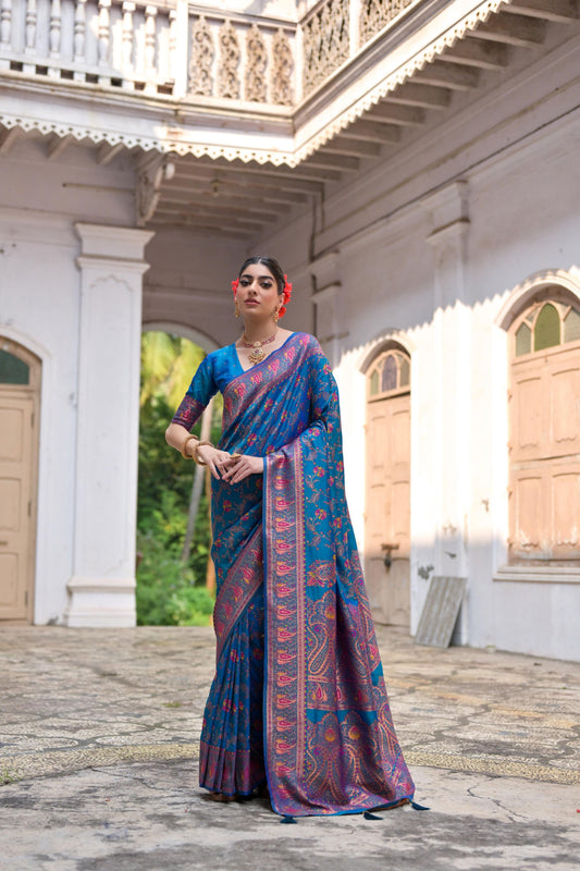 Royal Blue Silk Saree Pink Paisley Floral Weaving Border Traditional Saree