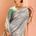 Silver Grey Soft Silk Saree with Zari Border Designer Blouse