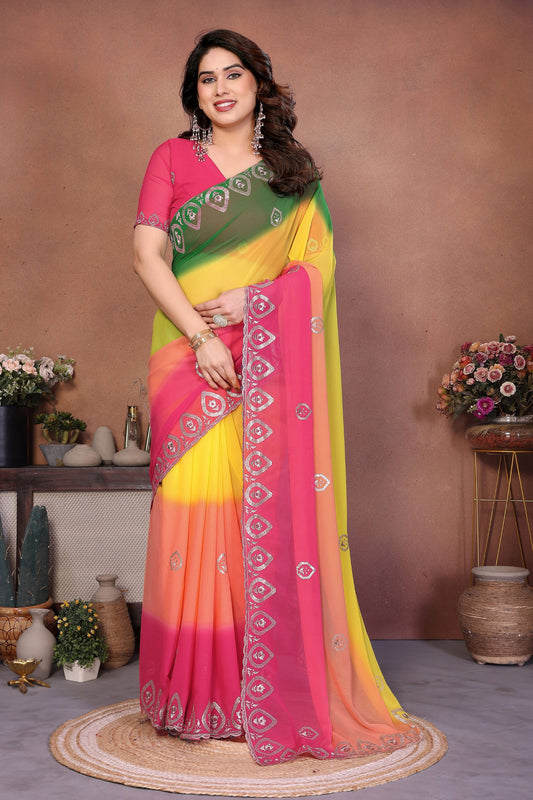 Multicolor Georgette Saree with Embroidered Border Work