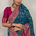 Teal Blue Banarasi Silk Saree Rich Pink Zari Border Floral Weaving Blouse