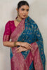 Teal Blue Banarasi Silk Saree Rich Pink Zari Border Floral Weaving Blouse