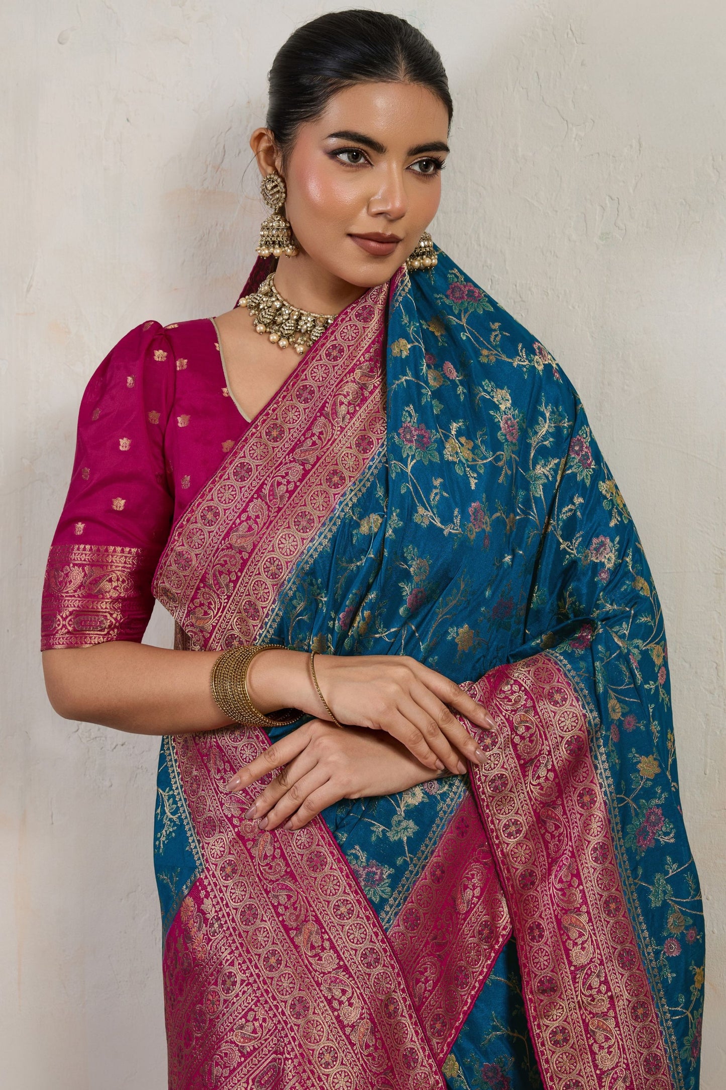 Teal Blue Banarasi Silk Saree Rich Pink Zari Border Floral Weaving Blouse