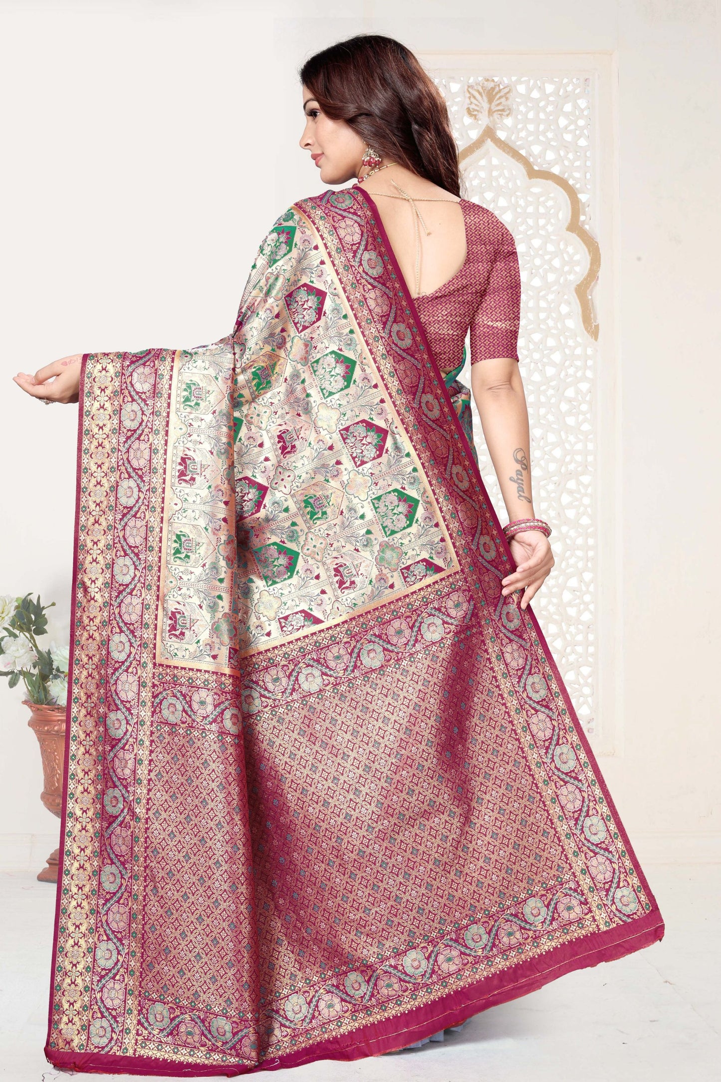 Maroon and Beige Banarasi Silk Saree with Rich Zari Woven Design