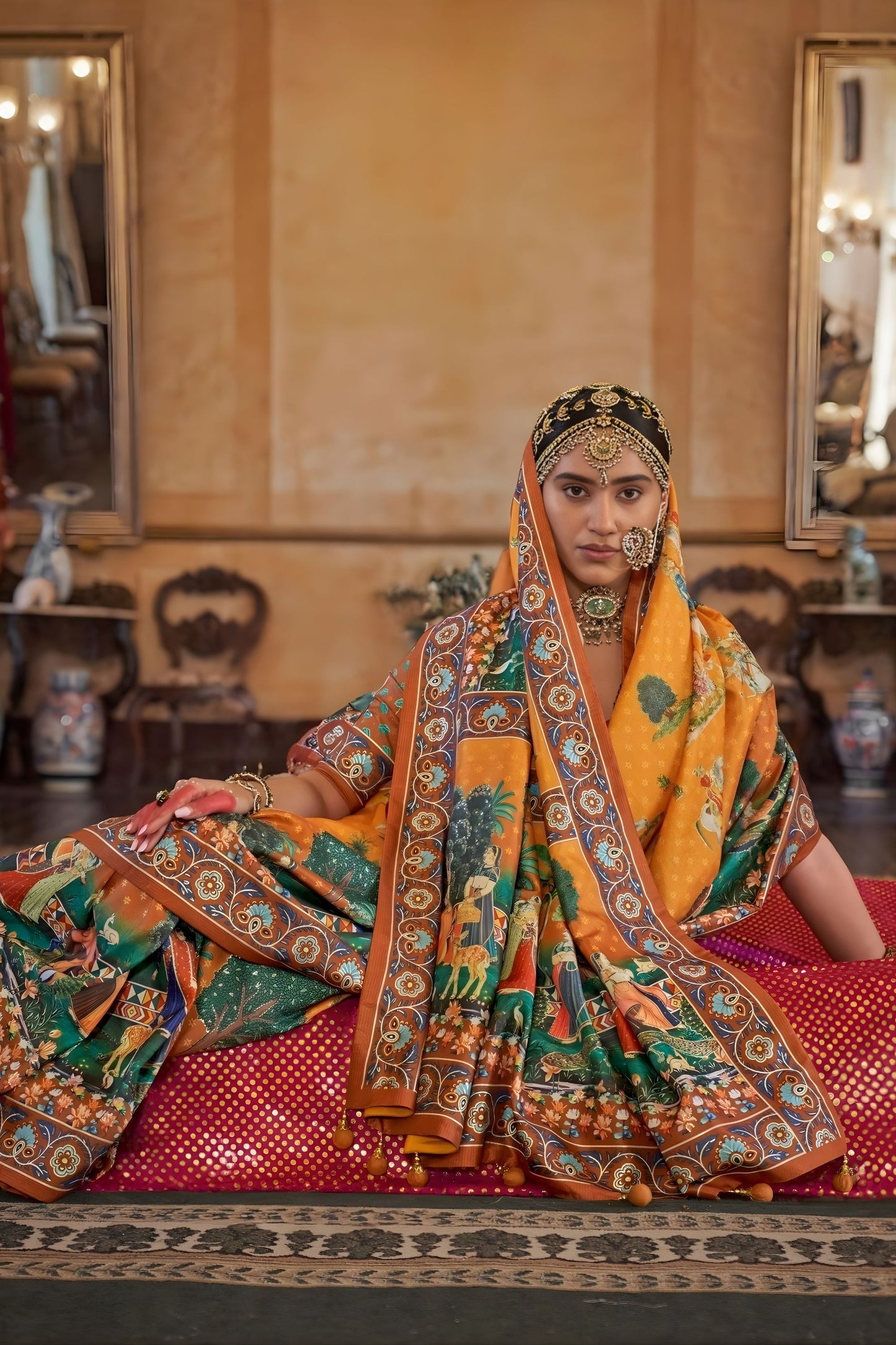 Mustard Yellow Designer Silk Saree Traditional Rajasthani Print Border