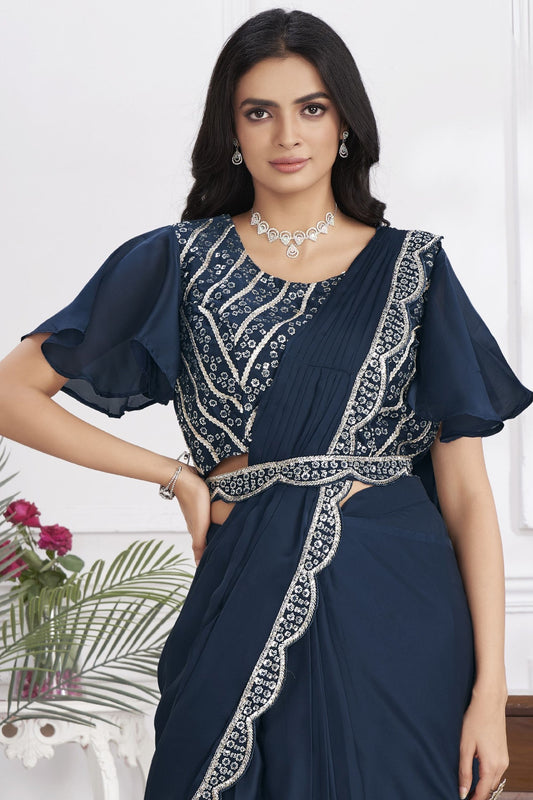 Navy Blue Designer Saree with Sequins Embroidered Blouse