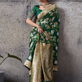 Green Banarasi Silk Saree Gold Zari Border Floral Weaving Saree