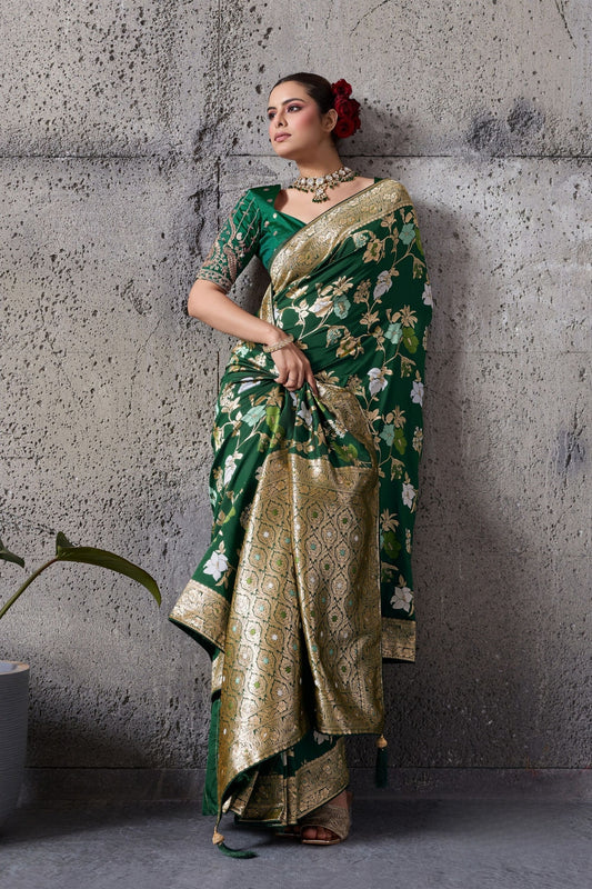 Green Banarasi Silk Saree Gold Zari Border Floral Weaving Saree