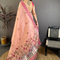 Elegant Peach Linen Cotton Saree Floral Print Pallu Traditional Border