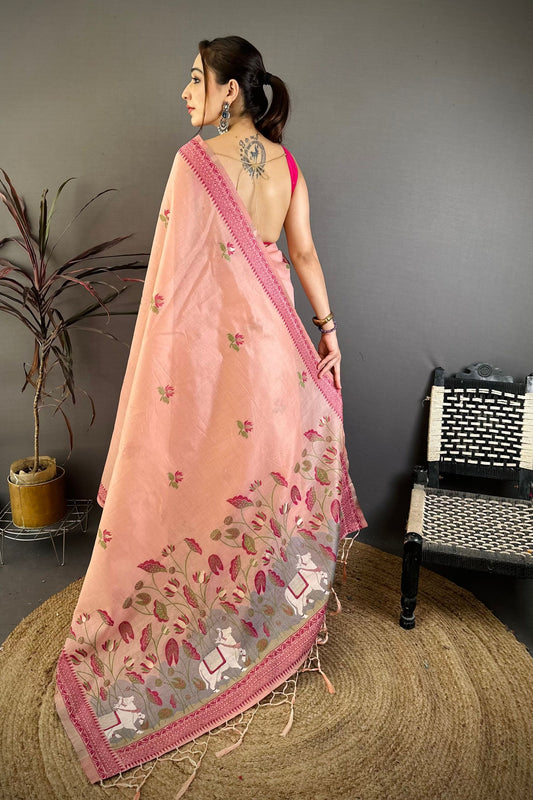 Elegant Peach Linen Cotton Saree Floral Print Pallu Traditional Border