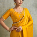 Mustard Yellow Chiffon Saree Zari Border Embroidered Blouse
