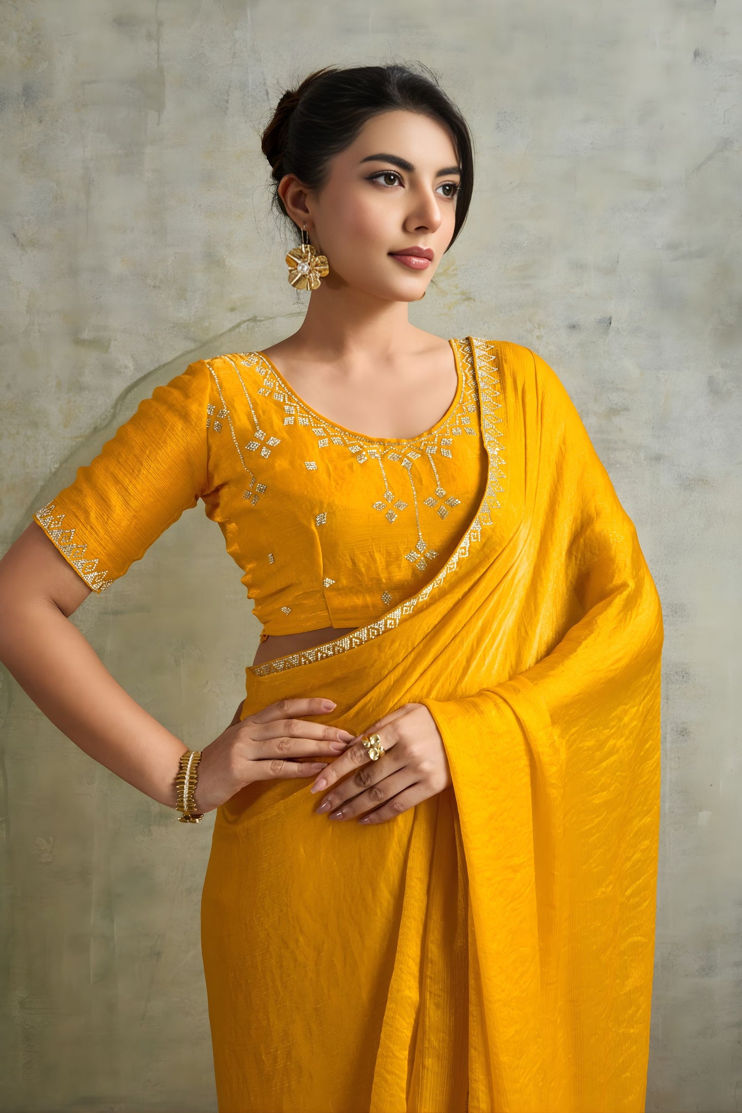 Mustard Yellow Chiffon Saree Zari Border Embroidered Blouse