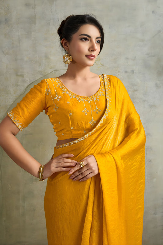 Mustard Yellow Chiffon Saree Zari Border Embroidered Blouse