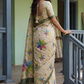 Cream Printed Linen Silk Saree with Multicolor Floral Leaf Design