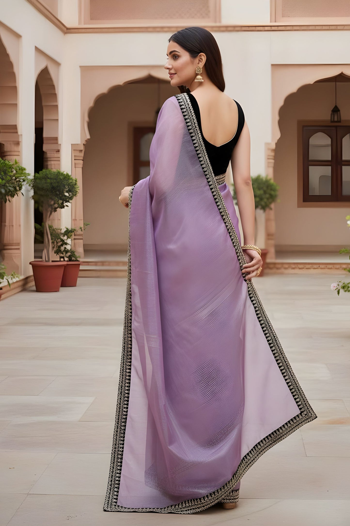 Lavender Organza Saree Designer Embroidered Border Sleeveless Blouse