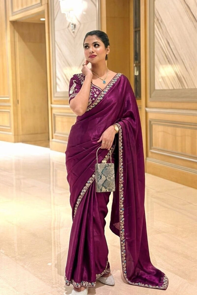 Wine Purple Organza Silk Saree Sequins Embroidered Border Designer Blouse