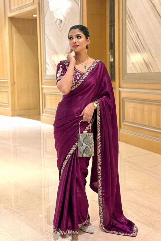Wine Purple Organza Silk Saree Sequins Embroidered Border Designer Blouse