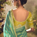 Sea Green Soft Silk Saree with Gold Zari Stripes Designer Blouse