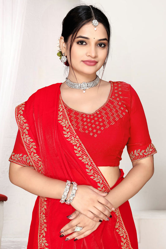 Red Silk Saree with Rich Golden Zari Border Designer Saree