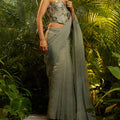 Sage Grey Crushed Tissue Saree Designer Floral Printed Blouse