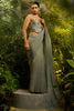 Sage Grey Crushed Tissue Saree Designer Floral Printed Blouse