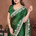 Bottle Green Satin Silk Saree Heavy Floral Embroidered Border Designer Blouse