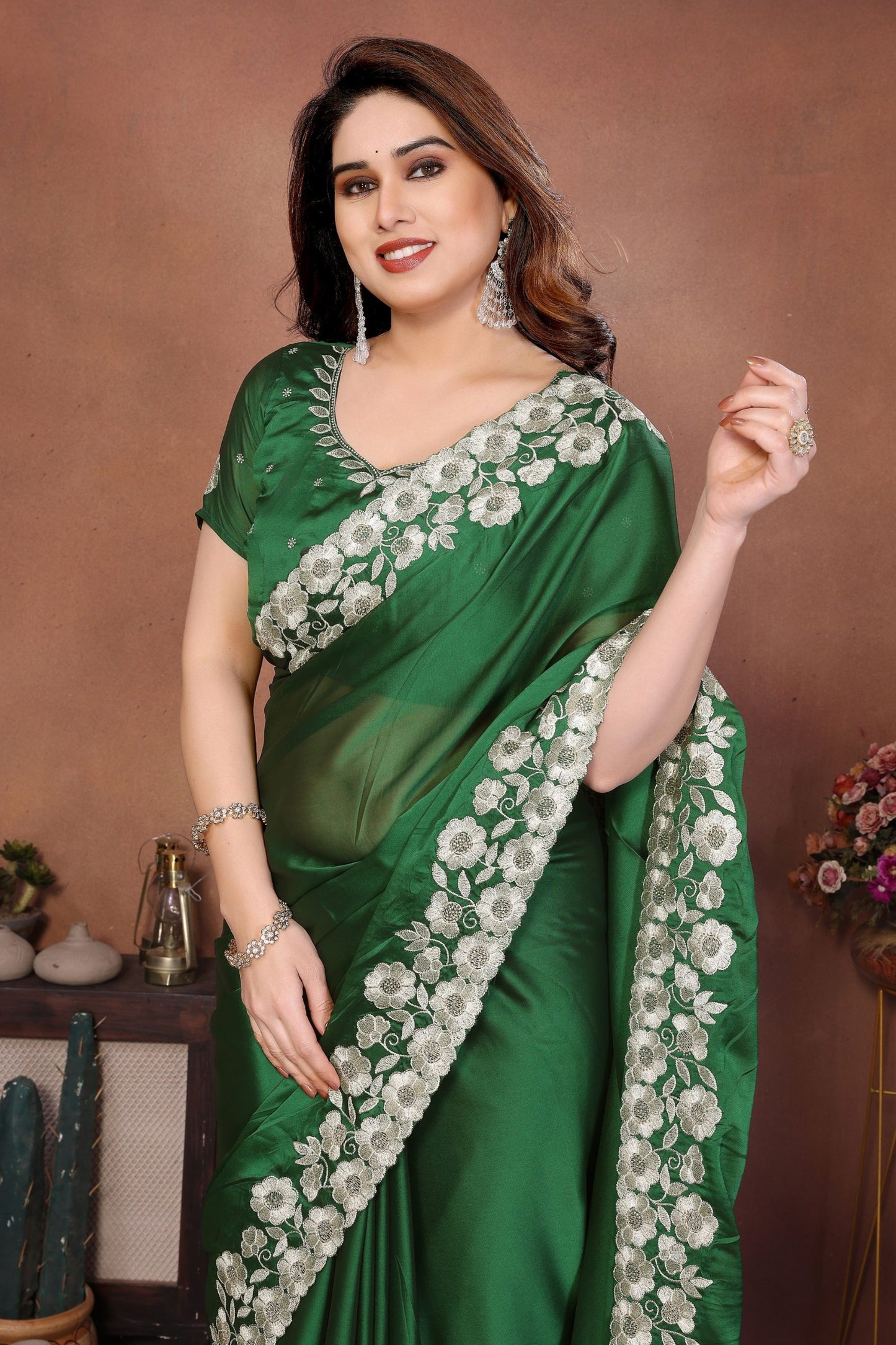 Bottle Green Satin Silk Saree Heavy Floral Embroidered Border Designer Blouse