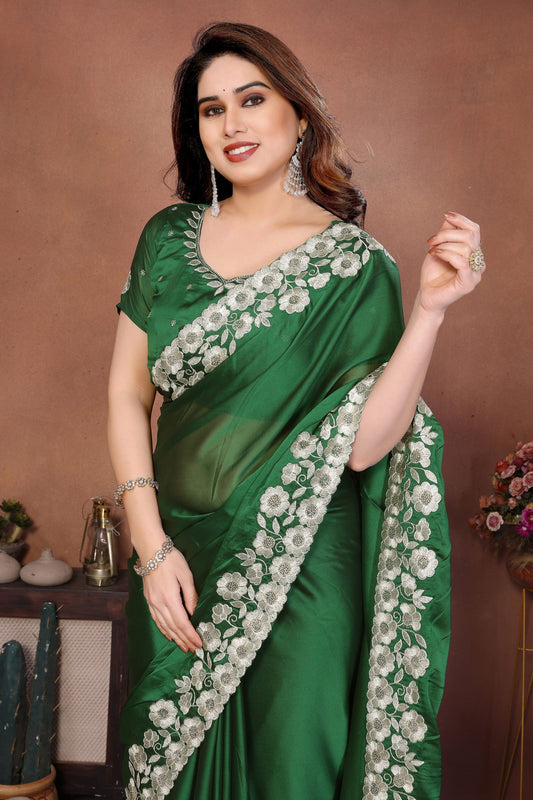 Bottle Green Satin Silk Saree Heavy Floral Embroidered Border Designer Blouse