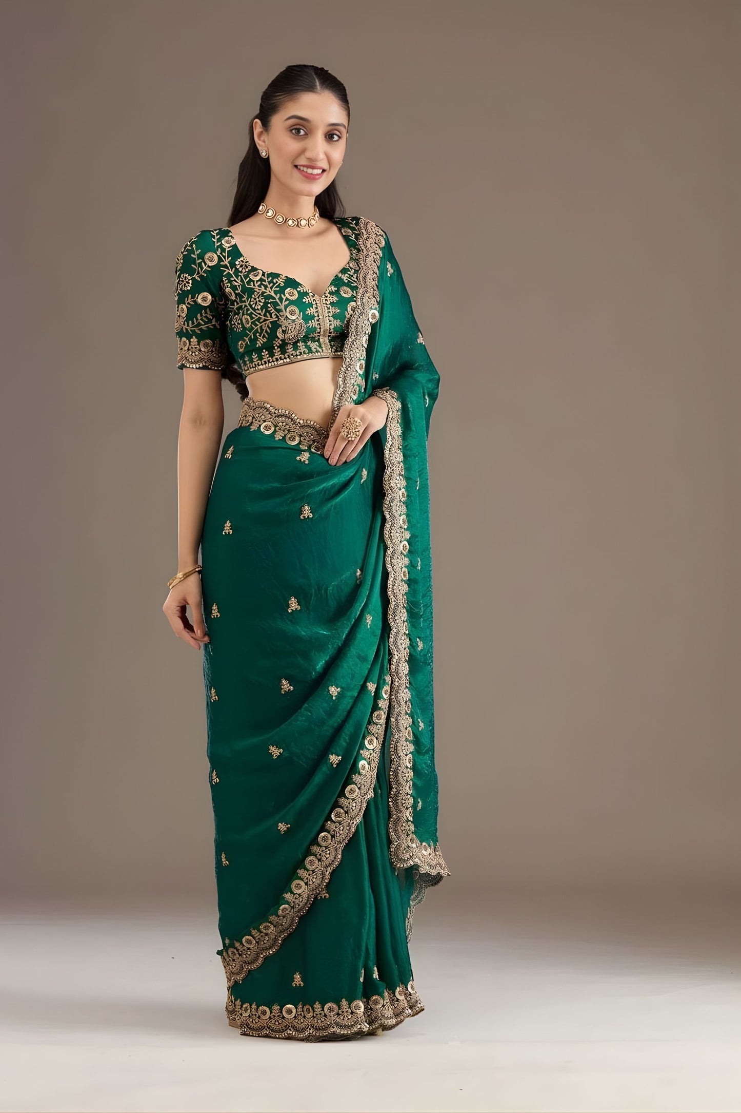 Green Silk Saree Heavy Zari Embroidered Border Designer Blouse