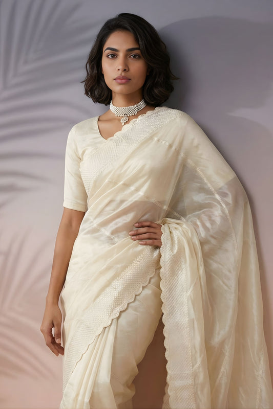 Off-White Silk Saree with Embroidered Border Designer Blouse