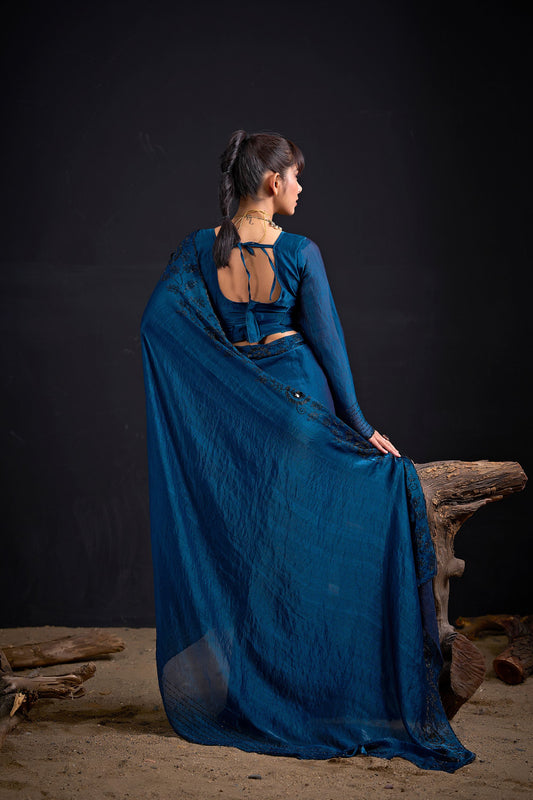Teal Blue Embroidered Silk Saree with Designer Blouse