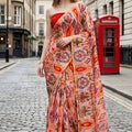 Elegant Peach Ikat Printed Saree Trendy Designer Casual Saree