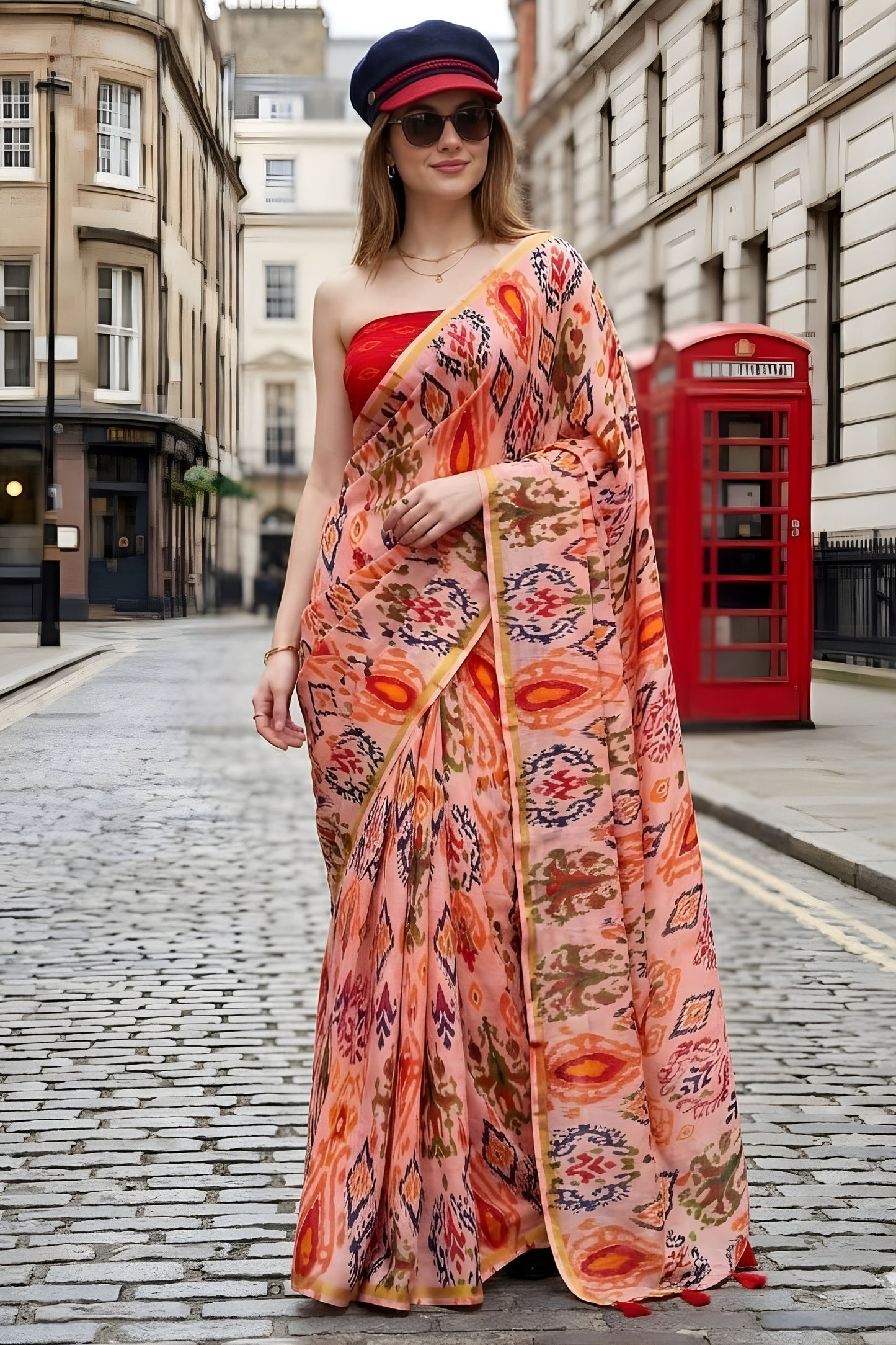 Elegant Peach Ikat Printed Saree Trendy Designer Casual Saree