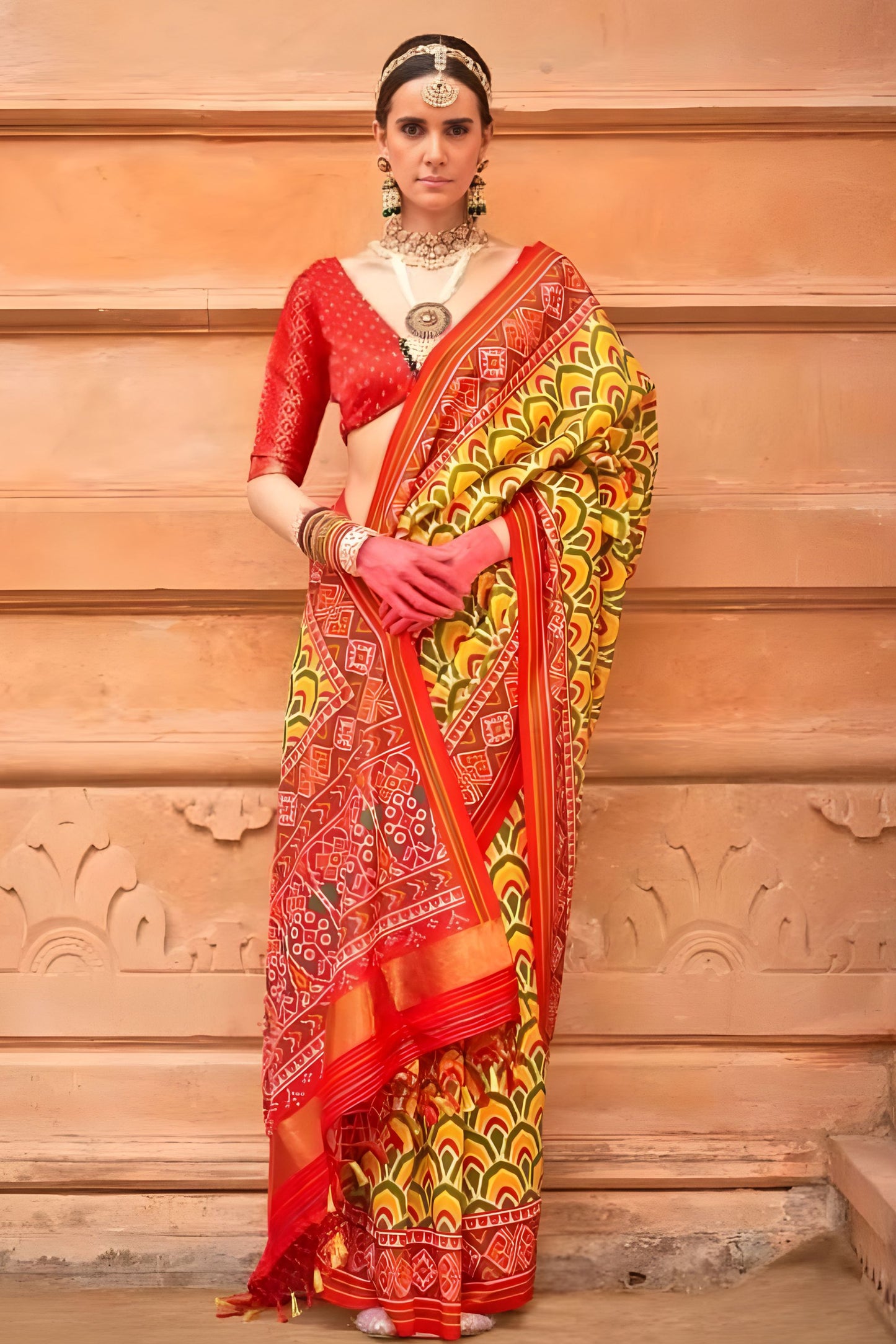 Mustard Yellow and Red Patola Print Silk Saree