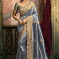 Blue Silk Saree with Heavy Gold Embroidered Border Designer Blouse