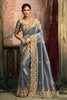 Blue Silk Saree with Heavy Gold Embroidered Border Designer Blouse