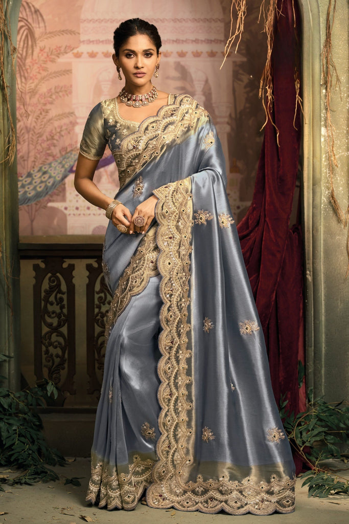 Blue Silk Saree with Heavy Gold Embroidered Border Designer Blouse