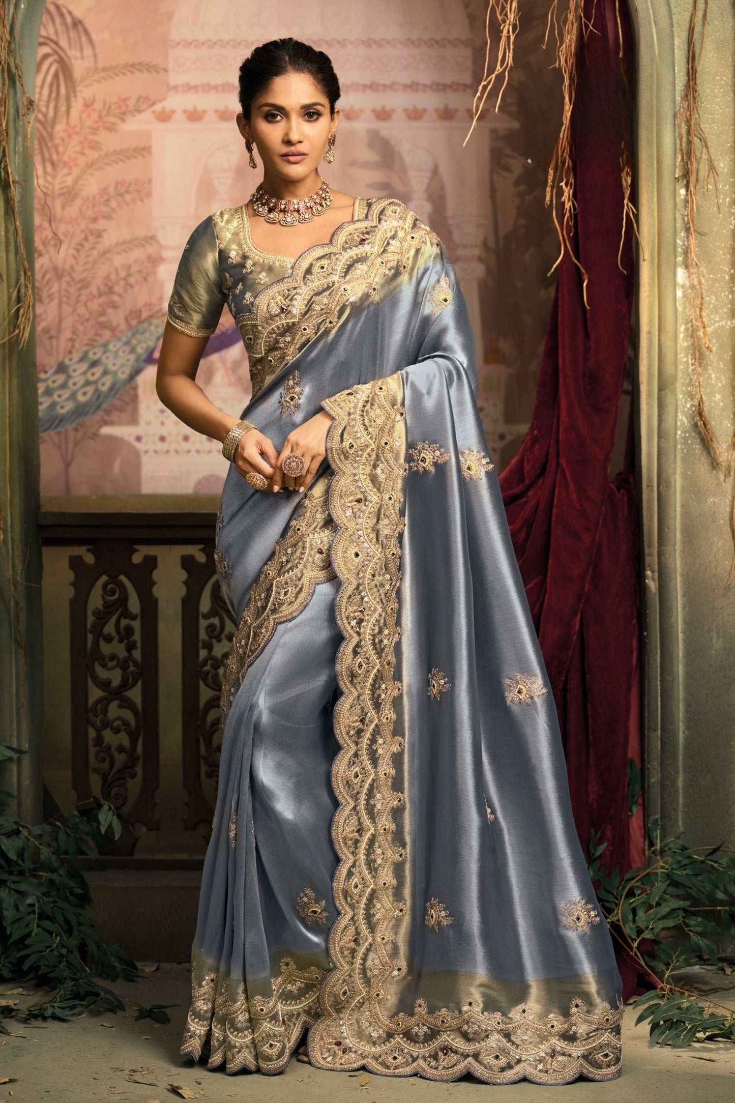 Blue Silk Saree with Heavy Gold Embroidered Border Designer Blouse