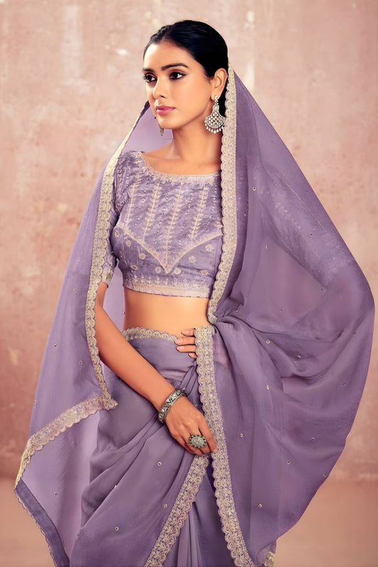 Lavender Georgette Saree with Silver Lace Border Embroidered Blouse