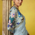 Sky Blue Designer Saree Embroidered Border Floral Printed Blouse