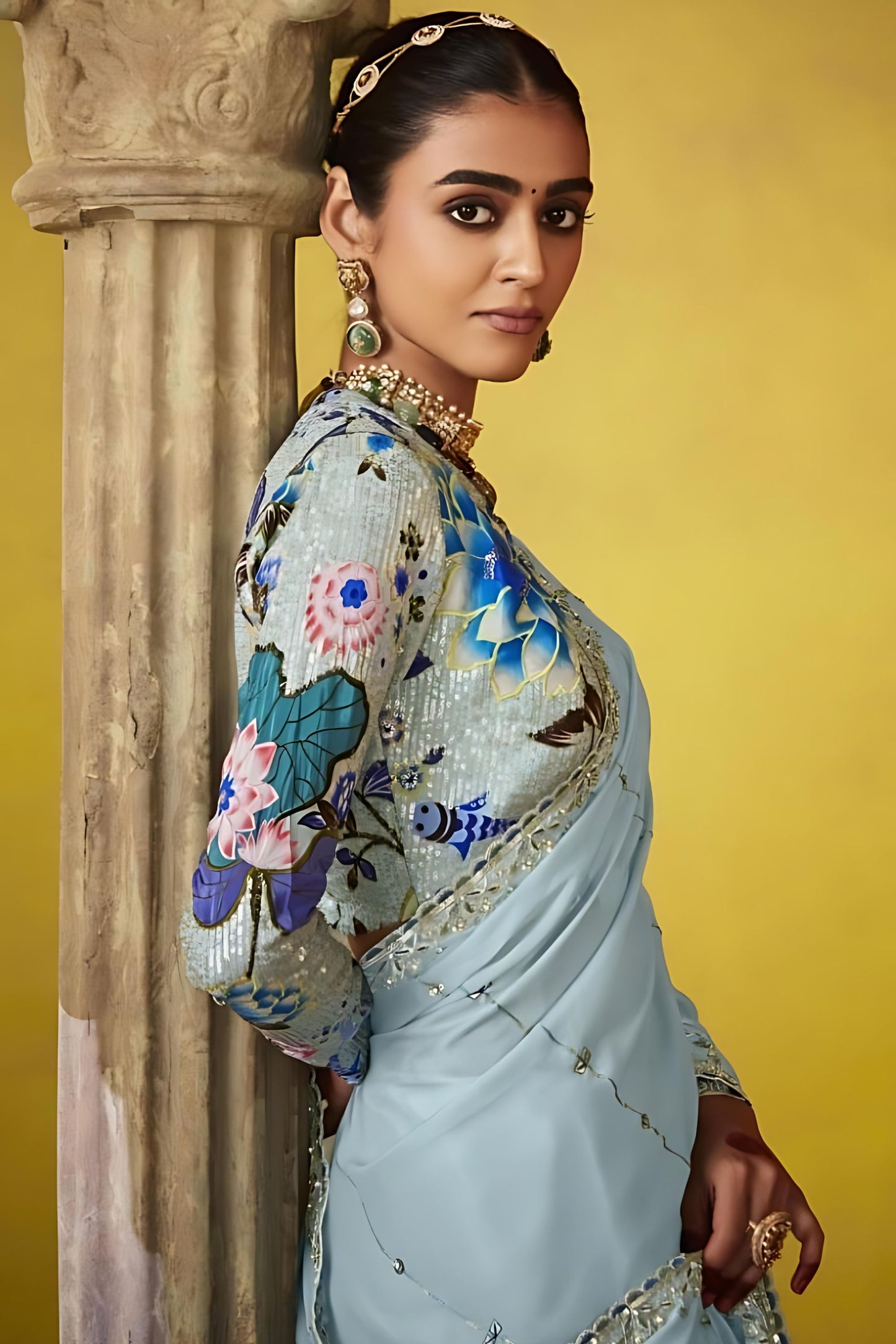 Sky Blue Designer Saree Embroidered Border Floral Printed Blouse