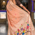 Peach Pink Tussar Silk Saree Multicolor Bird Floral Motif Pallu
