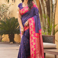  Royal Purple Silk Saree with Pink Contrast Border Floral Zari Work 