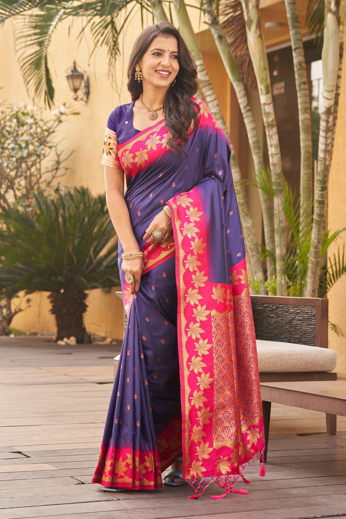  Royal Purple Silk Saree with Pink Contrast Border Floral Zari Work 