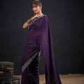 Wine Purple Silk Saree Antique Silver Zari Border Party Wear Saree