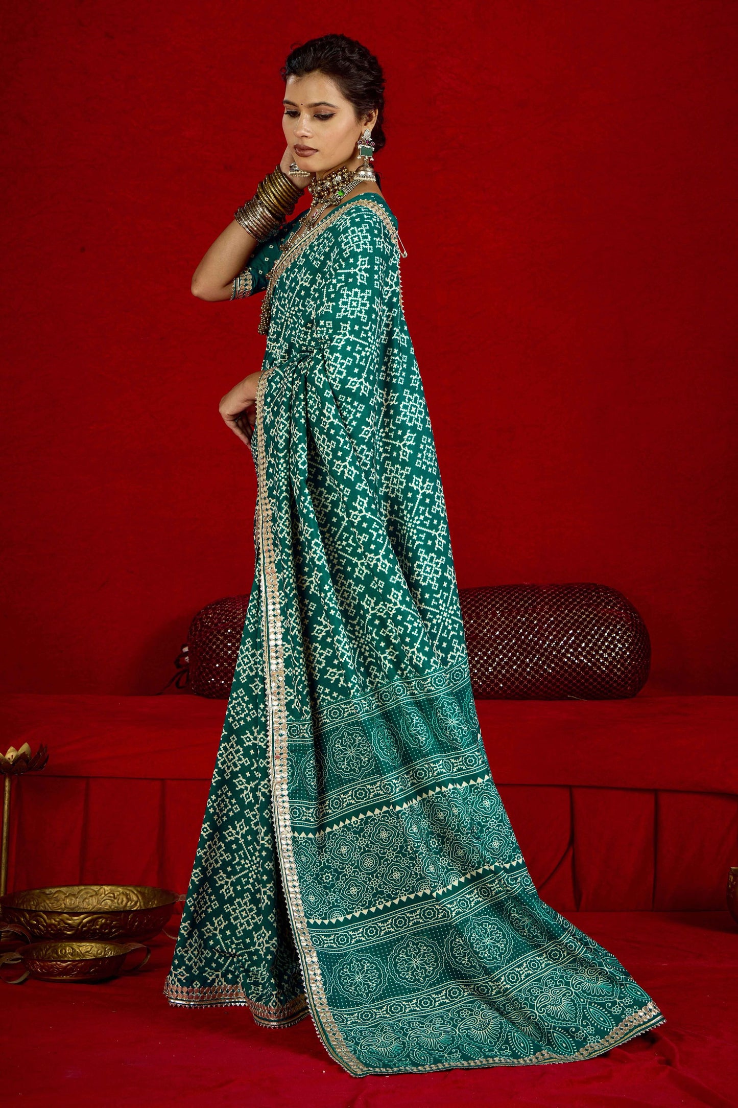 Teal Bandhej Print Designer Saree Matching Blouse Festive Wear
