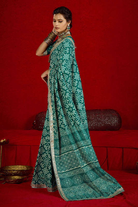 Teal Bandhej Print Designer Saree Matching Blouse Festive Wear