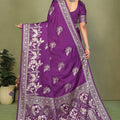Royal Purple Banarasi Silk Saree with Rich Silver Zari Weaving Blouse Piece