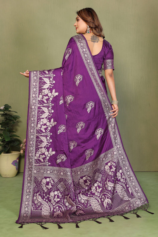 Royal Purple Banarasi Silk Saree with Rich Silver Zari Weaving Blouse Piece