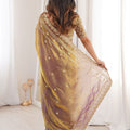 Copper Brown Organza Silk Saree Golden Thread Embroidery Designer Blouse